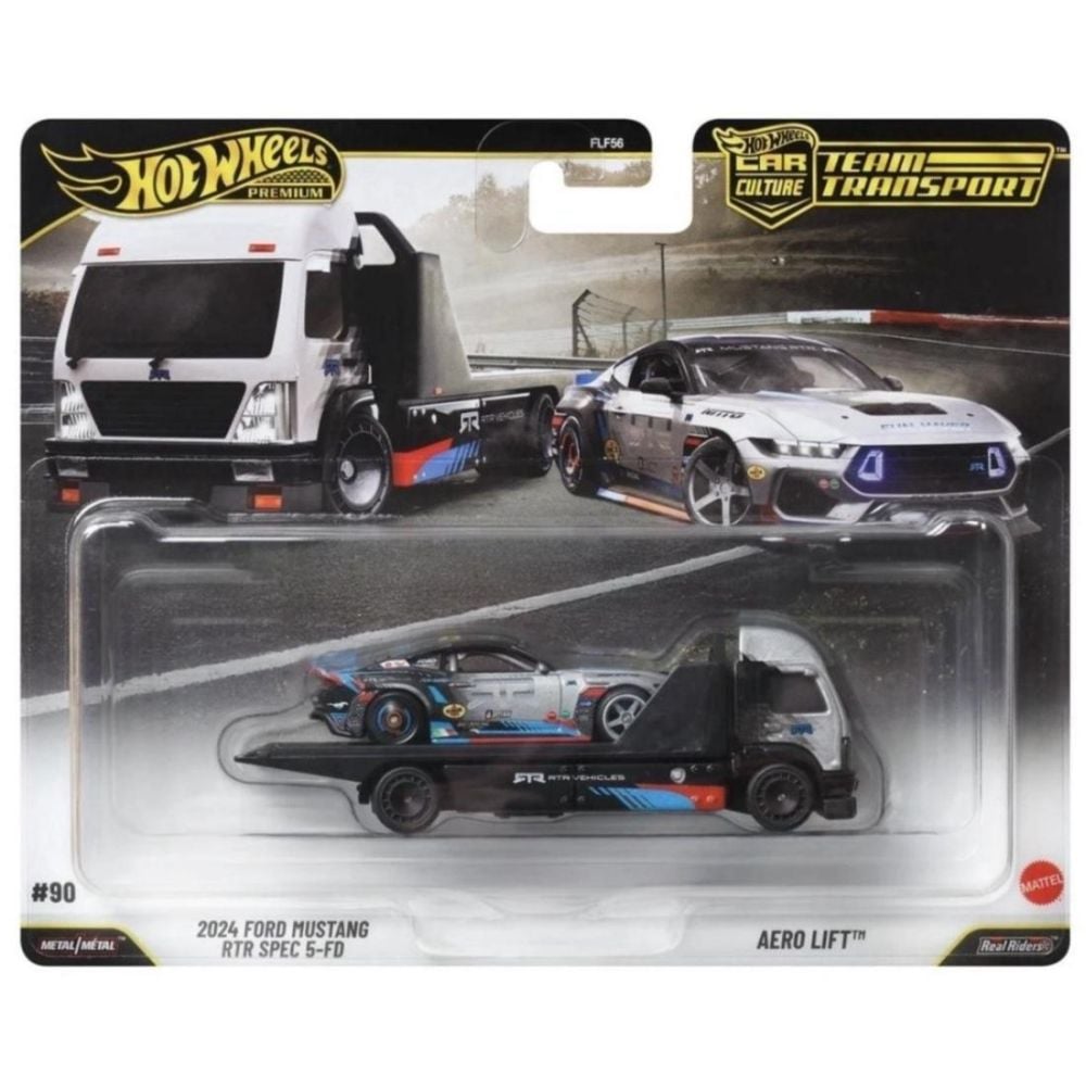 Автовоз с количка Hot Wheels, Car Culture Team Transport, 2024 Ford Mustang RTR Spec 5-FD и Aero Lift, JHX92 