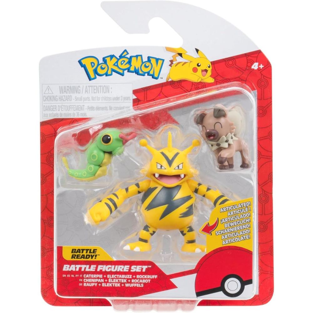Комплект 3 екшън фигурки, Pokemon, Caterpie, Electuzz и Rockruff