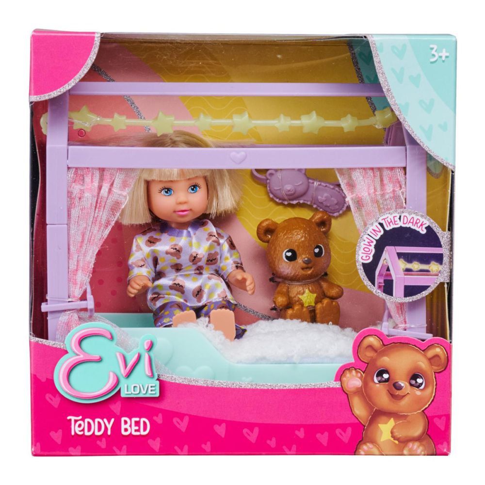 Комплект за игра кукла с креватче и мече, Evi Love, Teddy Bed