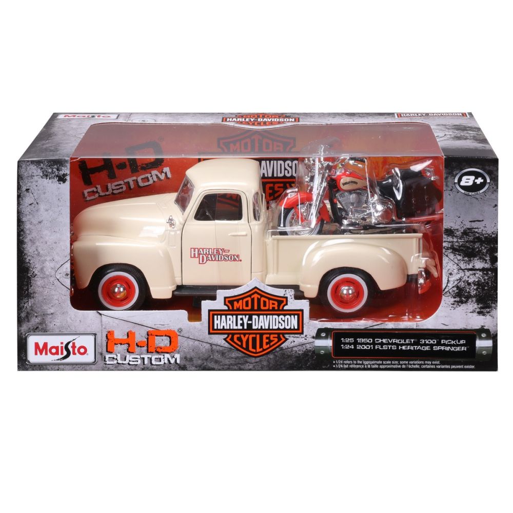 Комплект кола и мотоциклет, Maisto, H-D Custom, 1950 Chevrolet 3100 Pick Up 1:25 и 2001 FLSTS Heritage Springer, 1:24