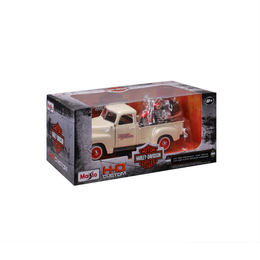 Комплект кола и мотоциклет, Maisto, H-D Custom, 1950 Chevrolet 3100 Pick Up 1:25 и 2001 FLSTS Heritage Springer, 1:24