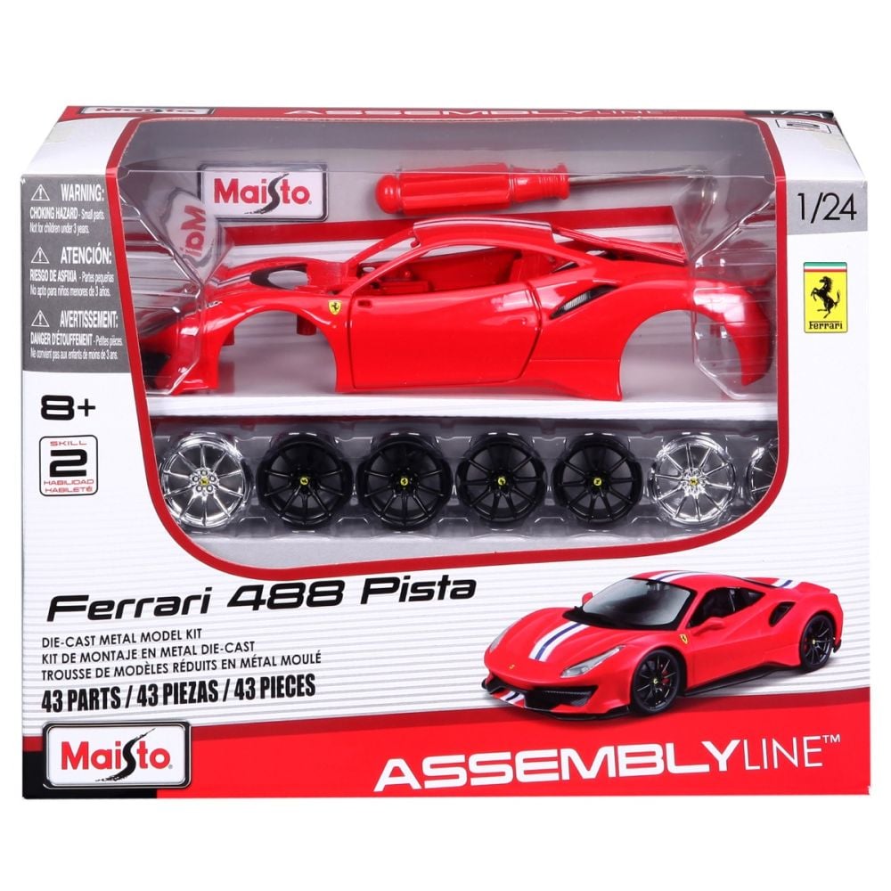 Комплект за сглобяване на метална количка, Maisto, Ferrari 488 Pista, 43 части, 1:24, Червена
