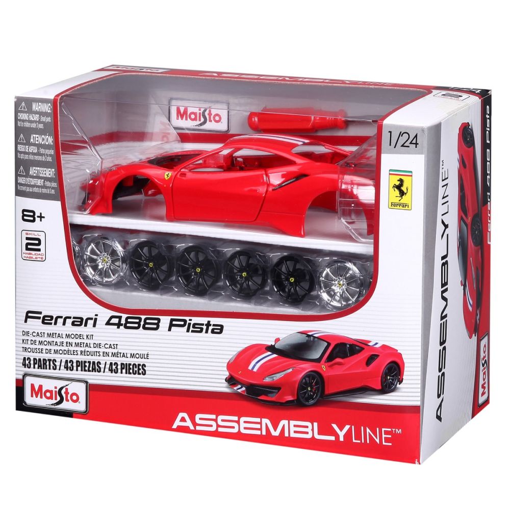 Комплект за сглобяване на метална количка, Maisto, Ferrari 488 Pista, 43 части, 1:24, Червена