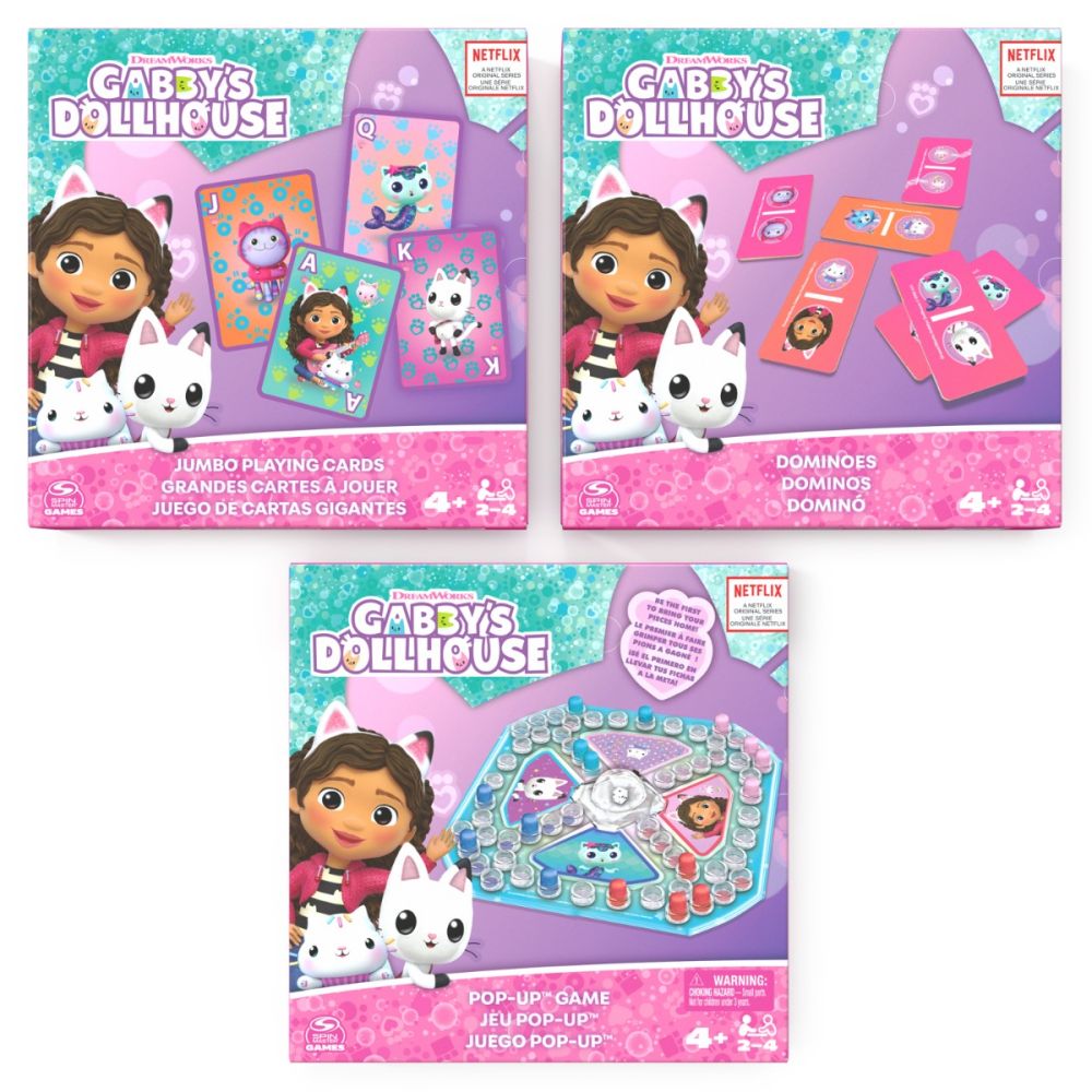 Комплект 3 игри Gabbys Dollhouse, Jumbo Cards, Pop-Up, Dominoes
