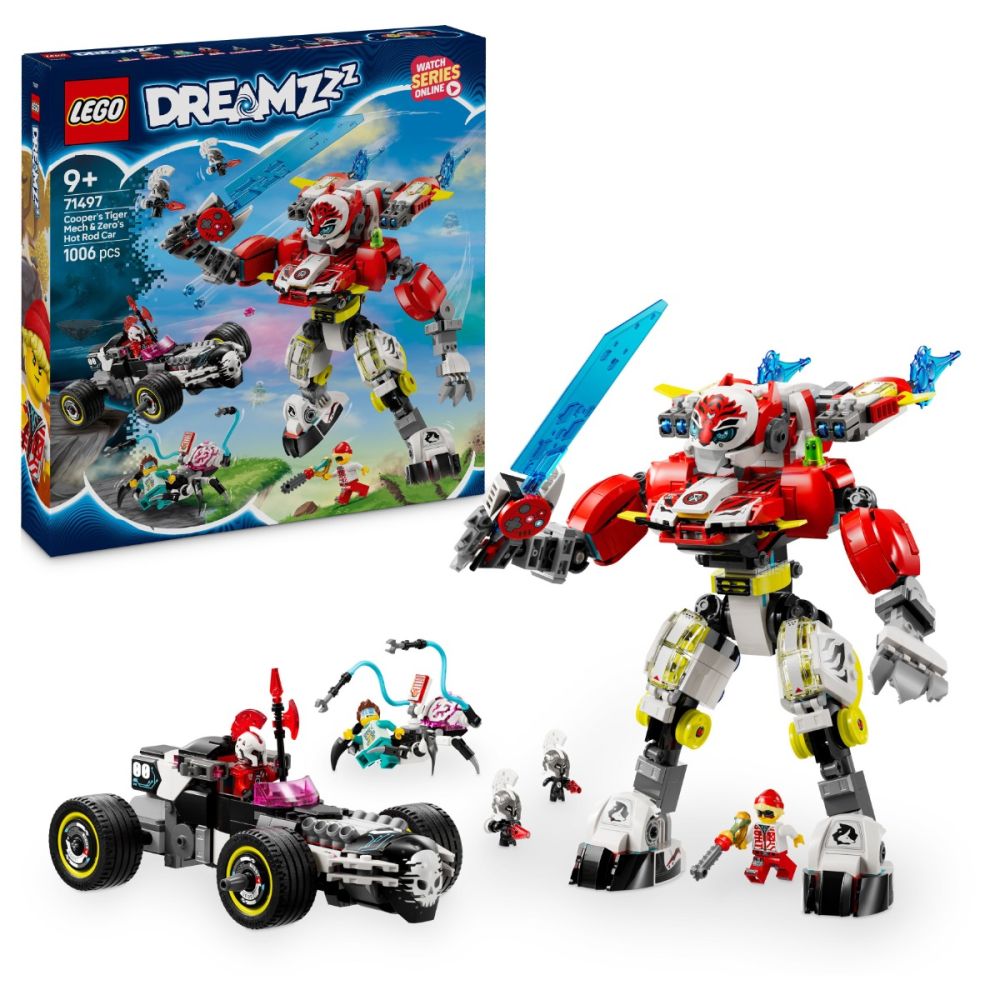 LEGO® Dreamzzz - Тигър-робот на Купър и кола драгстер на Zero (71497)