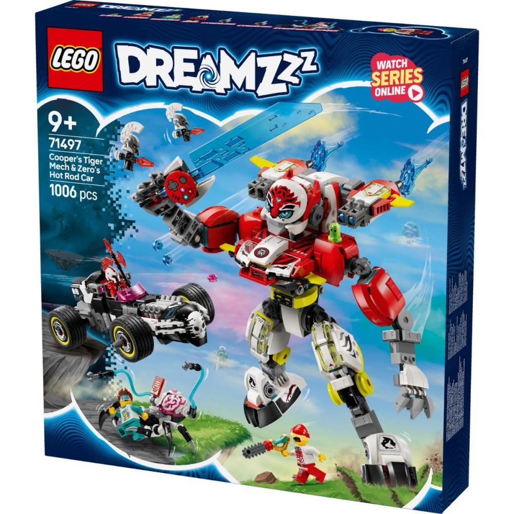 LEGO® Dreamzzz - Тигър-робот на Купър и кола драгстер на Zero (71497)