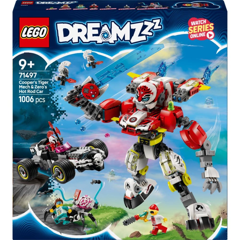LEGO® Dreamzzz - Тигър-робот на Купър и кола драгстер на Zero (71497)