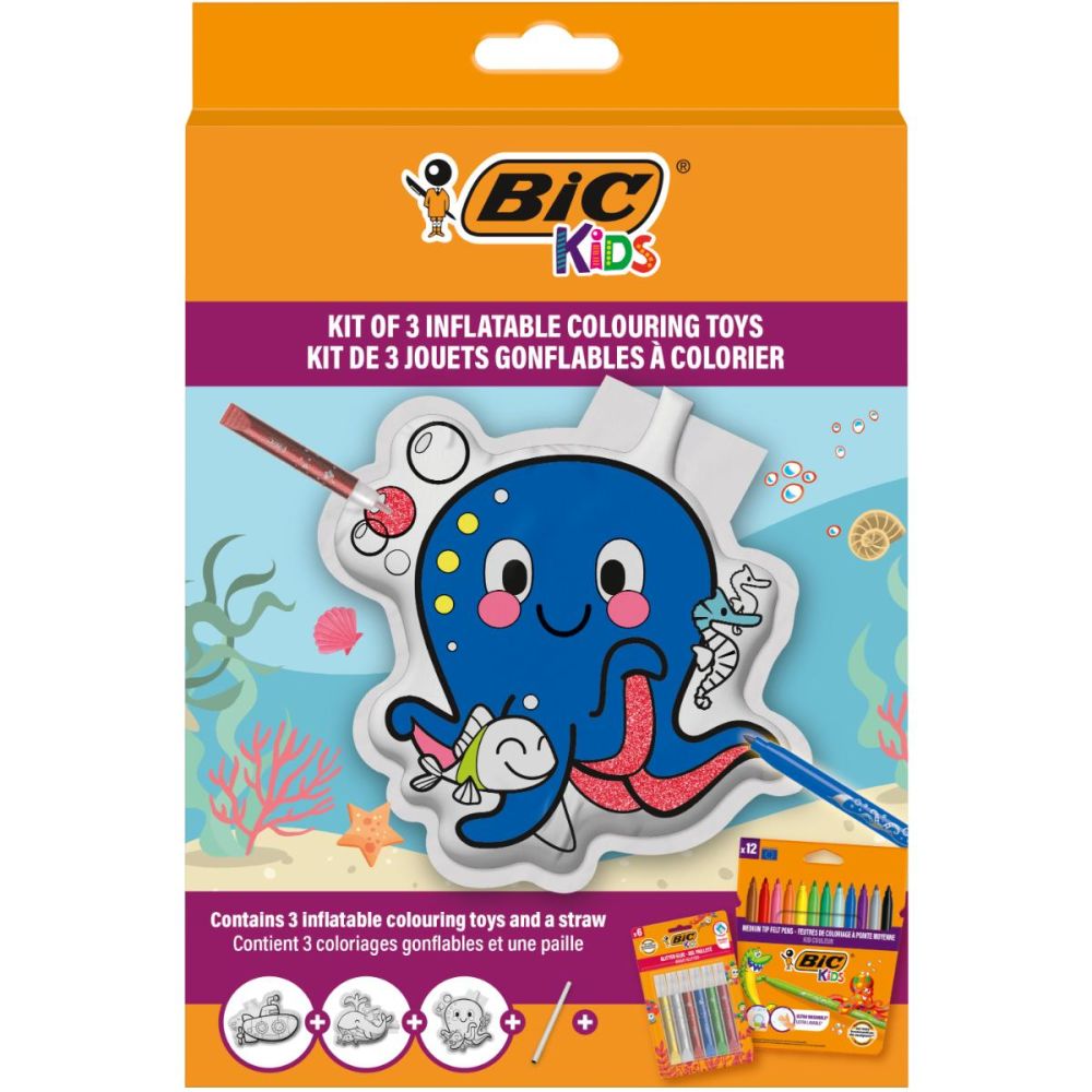 Комплект 3 надуваеми играчки с 12 цветни маркера и 6 тубички с лепило, Bic