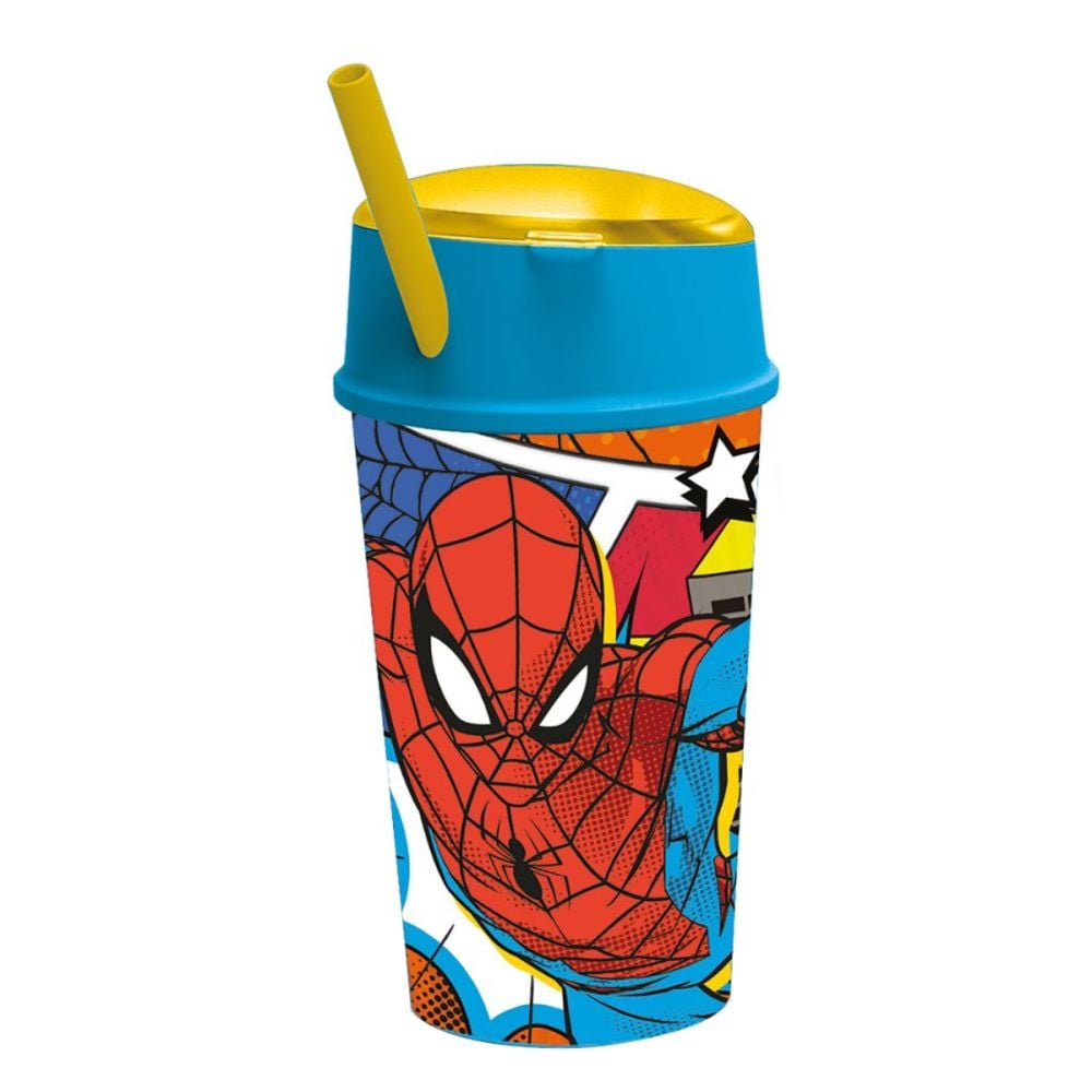Чаша със сламка и горно отделение, Stor, Spiderman, 400 мл