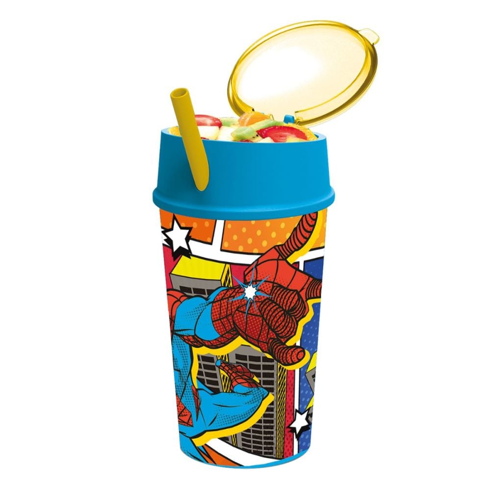 Чаша със сламка и горно отделение, Stor, Spiderman, 400 мл