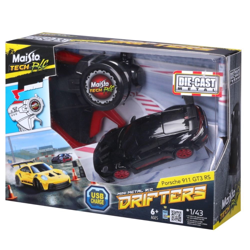 Метална кола с дистанционно, Maisto, Drifters, Porsche 911 GT3 RS, 1:43, черна