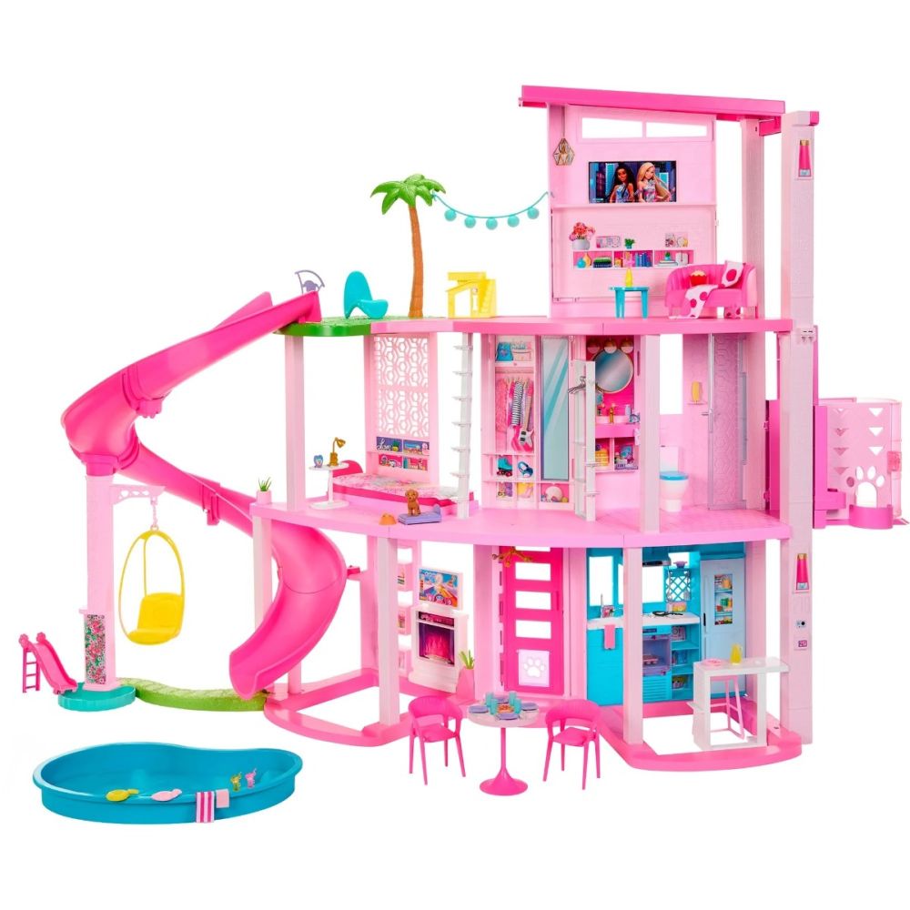 Комплект Къща за кукли Barbie Dreamhouse, 114 см, с басейн, пързалка, асансьор, светлини и звуци, 75 части