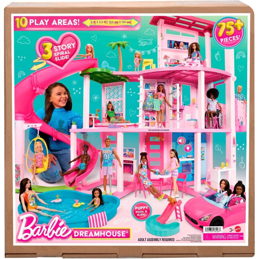 Комплект Къща за кукли Barbie Dreamhouse, 114 см, с басейн, пързалка, асансьор, светлини и звуци, 75 части