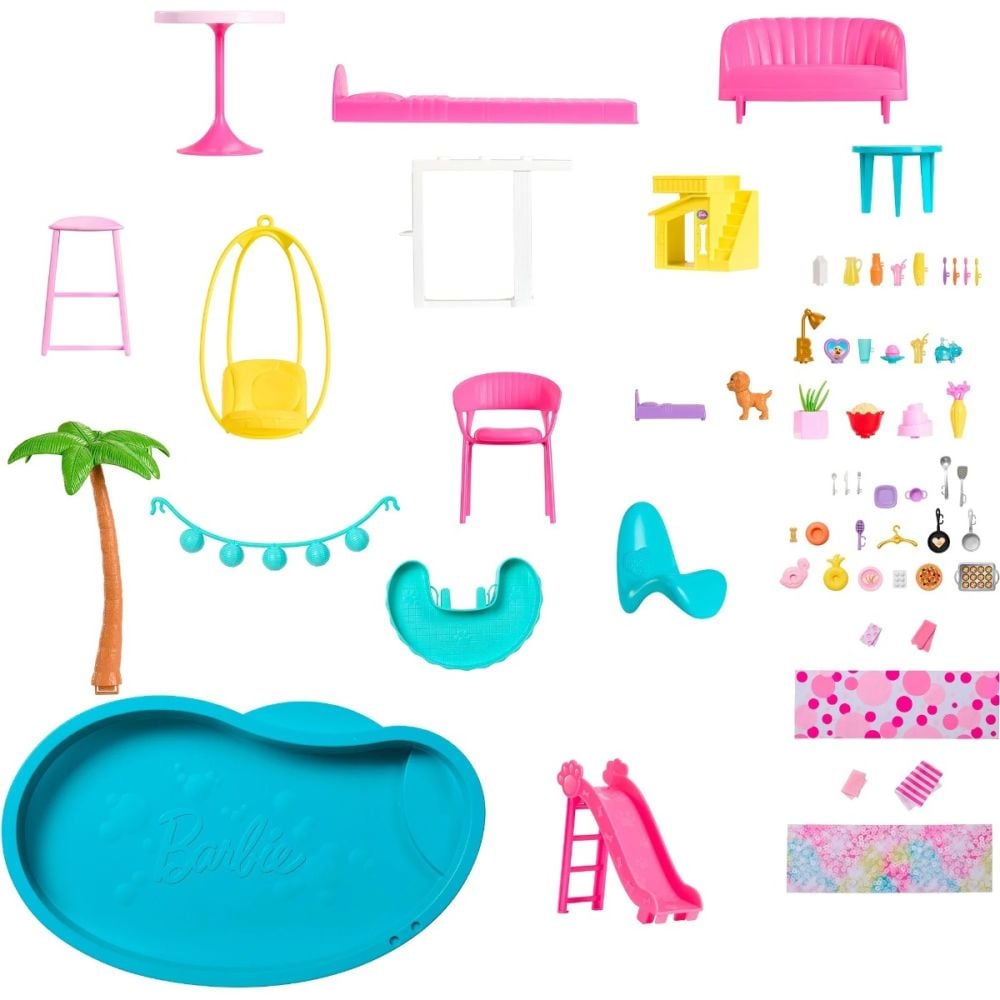 Комплект Къща за кукли Barbie Dreamhouse, 114 см, с басейн, пързалка, асансьор, светлини и звуци, 75 части