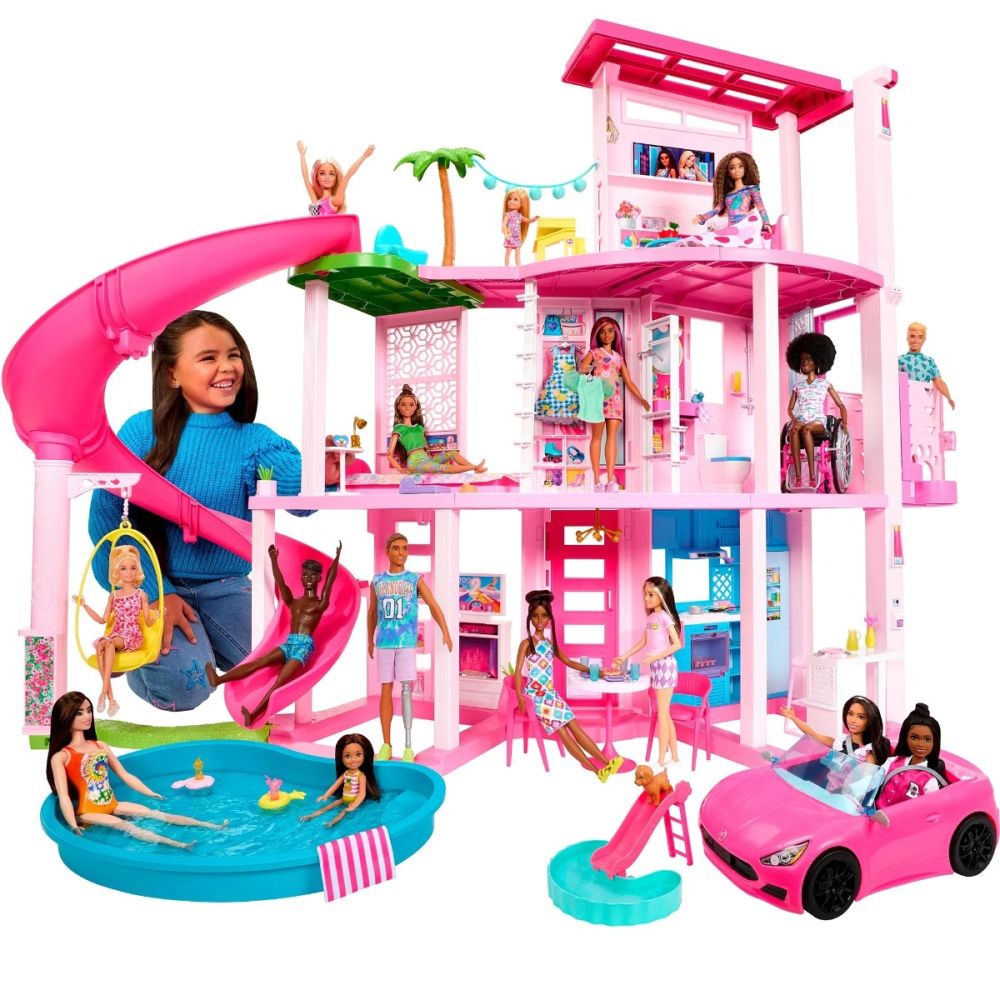 Комплект Къща за кукли Barbie Dreamhouse, 114 см, с басейн, пързалка, асансьор, светлини и звуци, 75 части