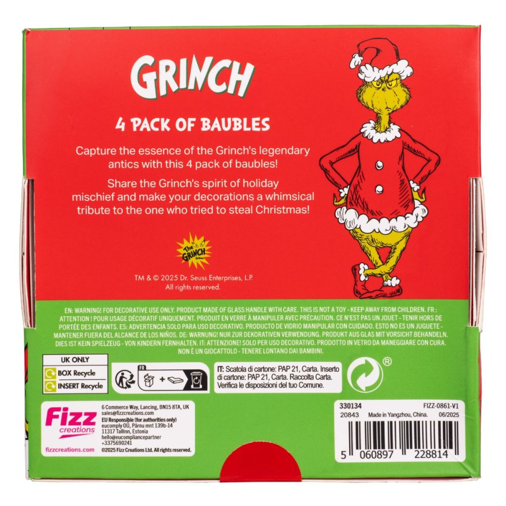 Комплект от 4 коледни топки, Grinch