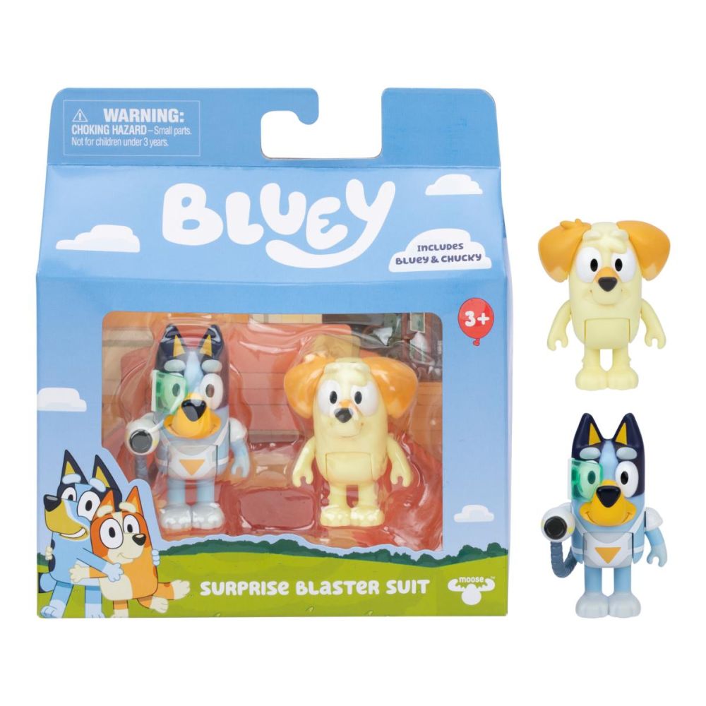 Комплект за игра с 2 фигурки, Bluey, Surprise Blaster Suit, Bluey и Chucky