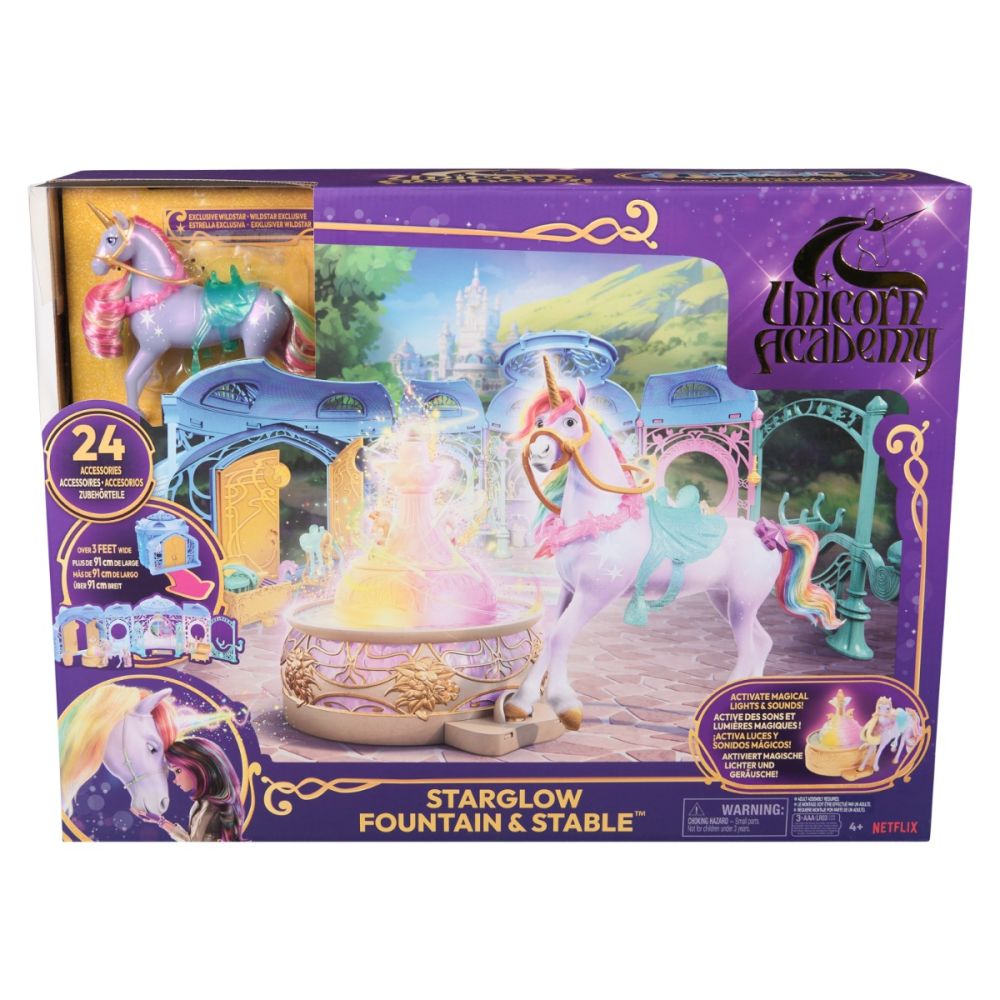 Комплект за игра със светлини и звуци, Unicorn Academy, Starglow Fountain & Stable