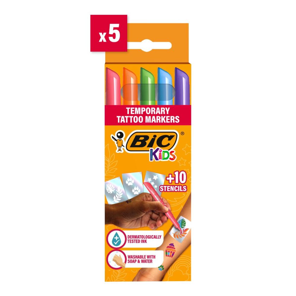 Комплект 5 маркера и 10 шаблона за временни татуировки, Bic Kids