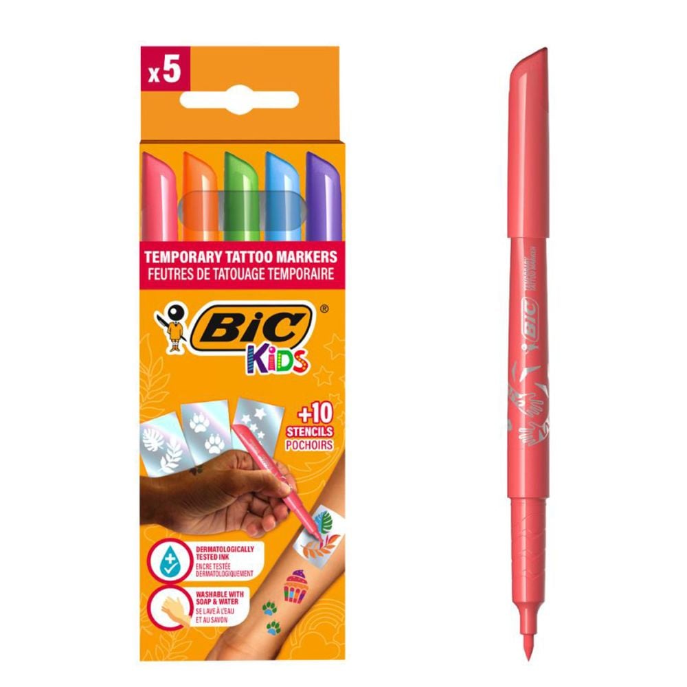 Комплект 5 маркера и 10 шаблона за временни татуировки, Bic Kids