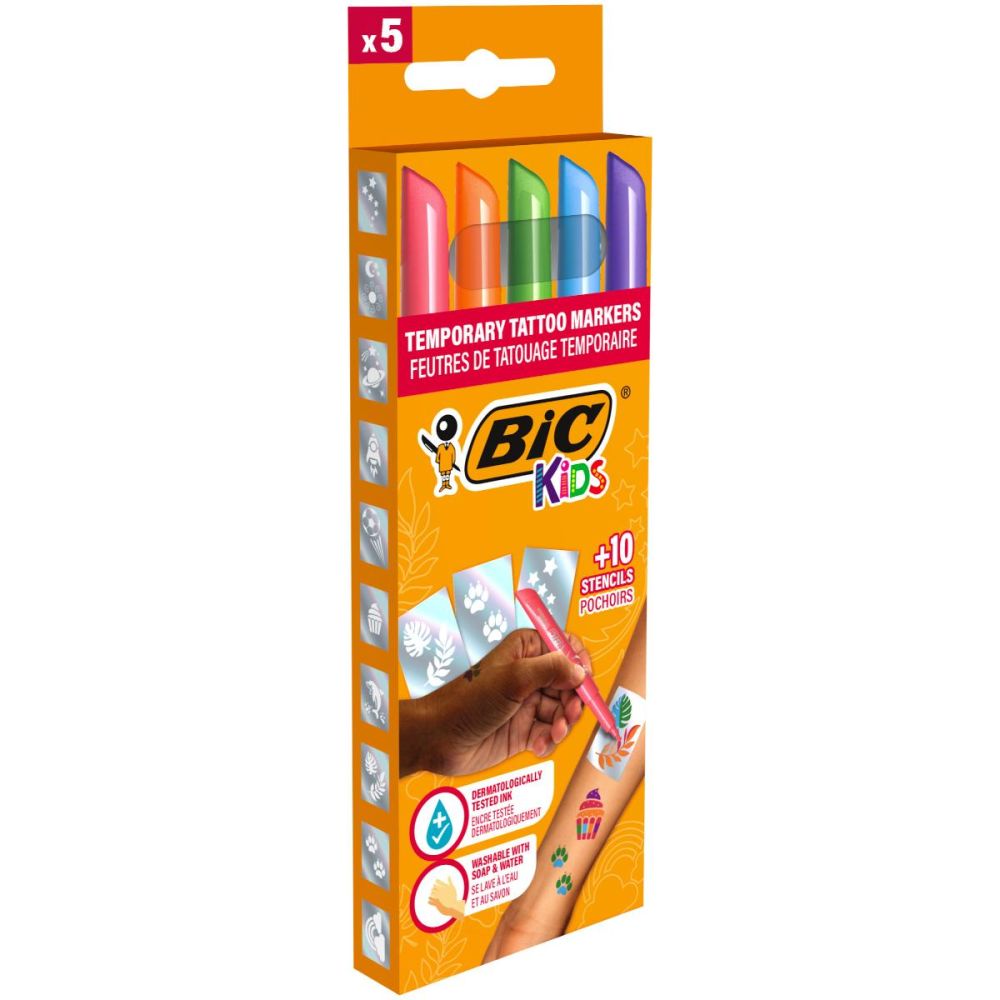 Комплект 5 маркера и 10 шаблона за временни татуировки, Bic Kids
