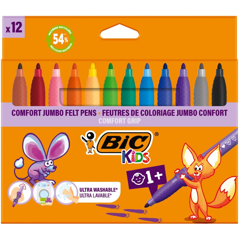 Комплект 12 маркера за оцветяване, Bic, Kids Confort Jumbo, 4.5 мм