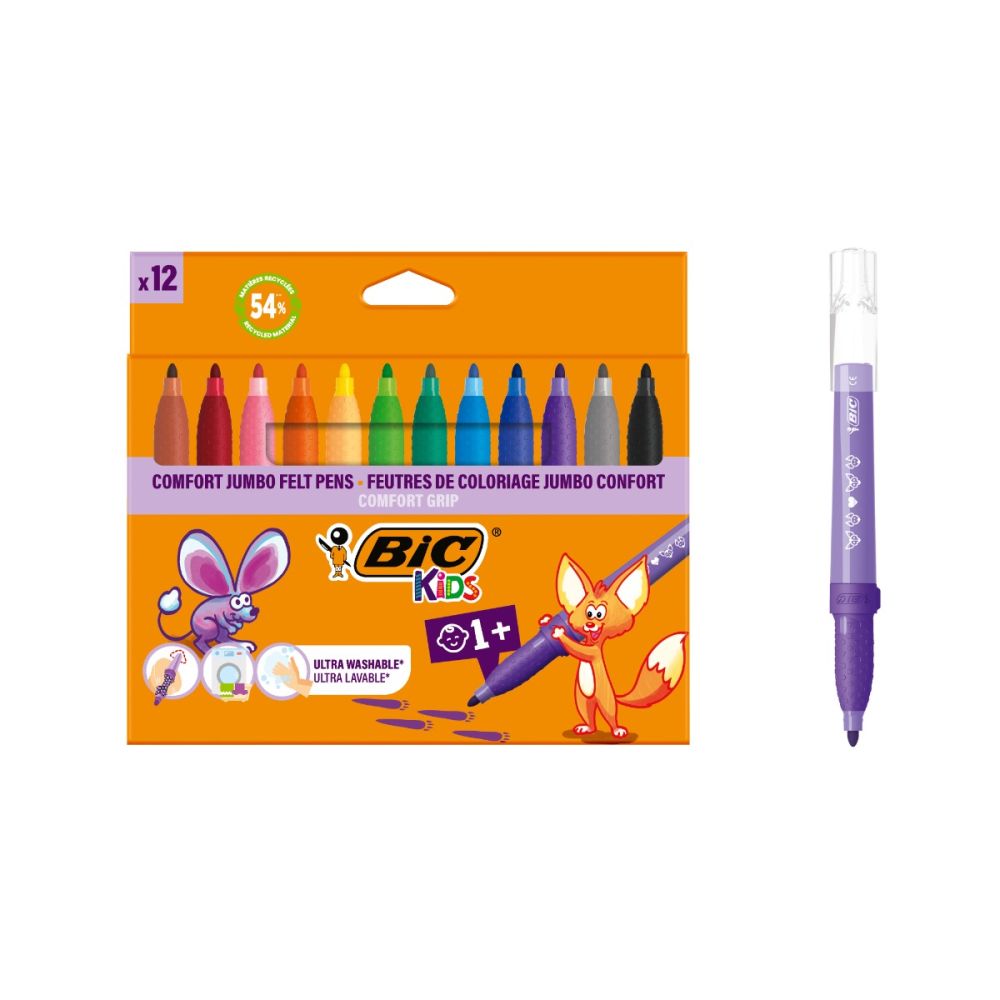Комплект 12 маркера за оцветяване, Bic, Kids Confort Jumbo, 4.5 мм