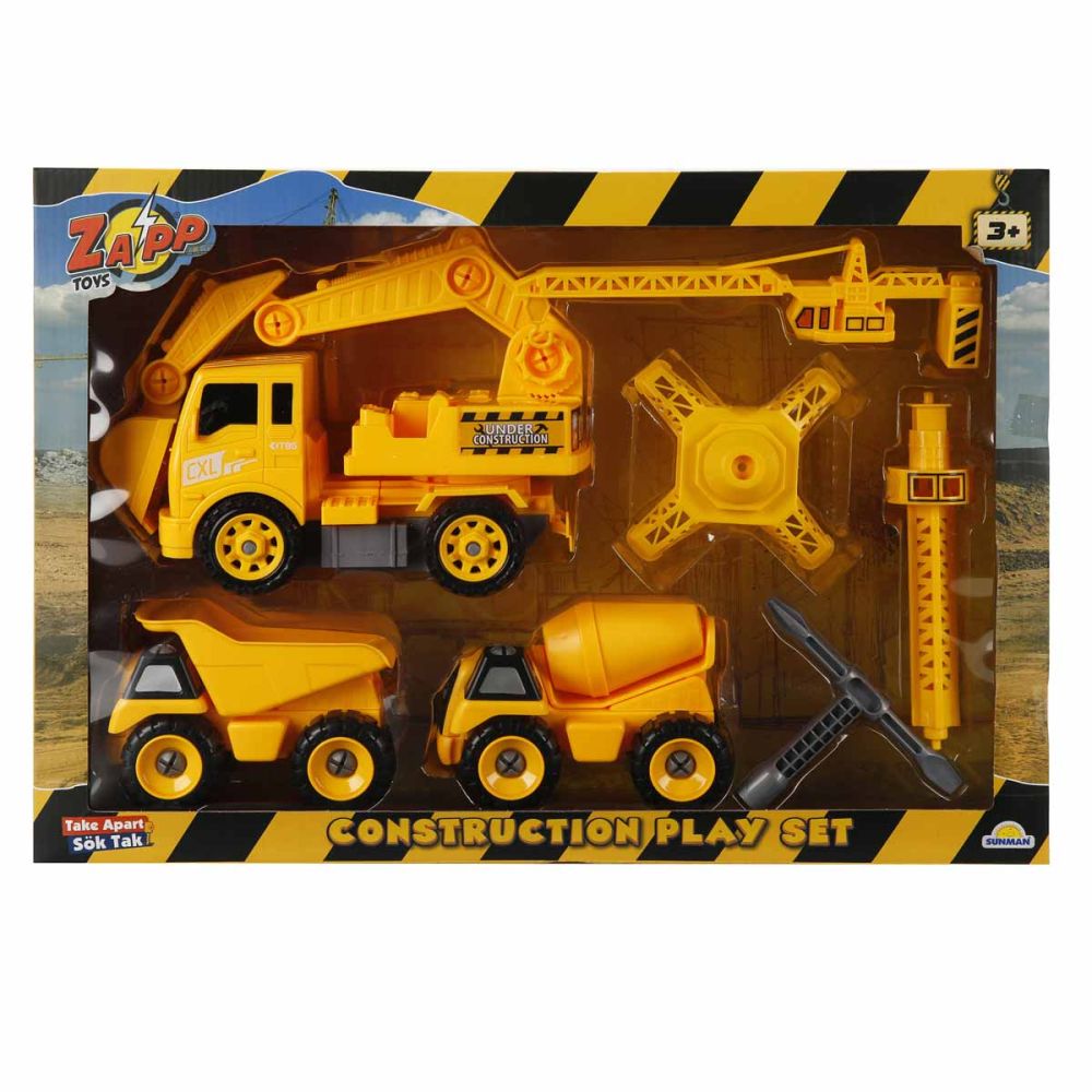 Комплект 3 строителни превозни средства и аксесоари, Zapp Toys