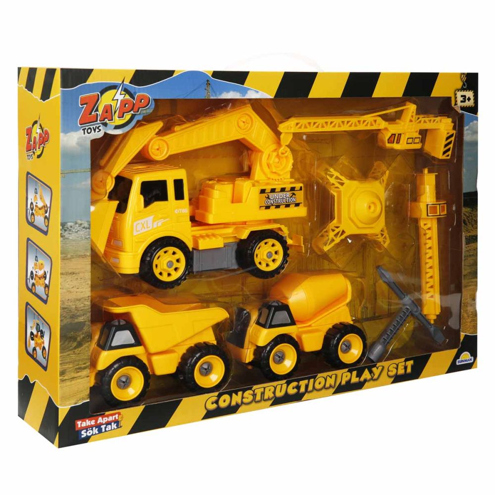 Комплект 3 строителни превозни средства и аксесоари, Zapp Toys