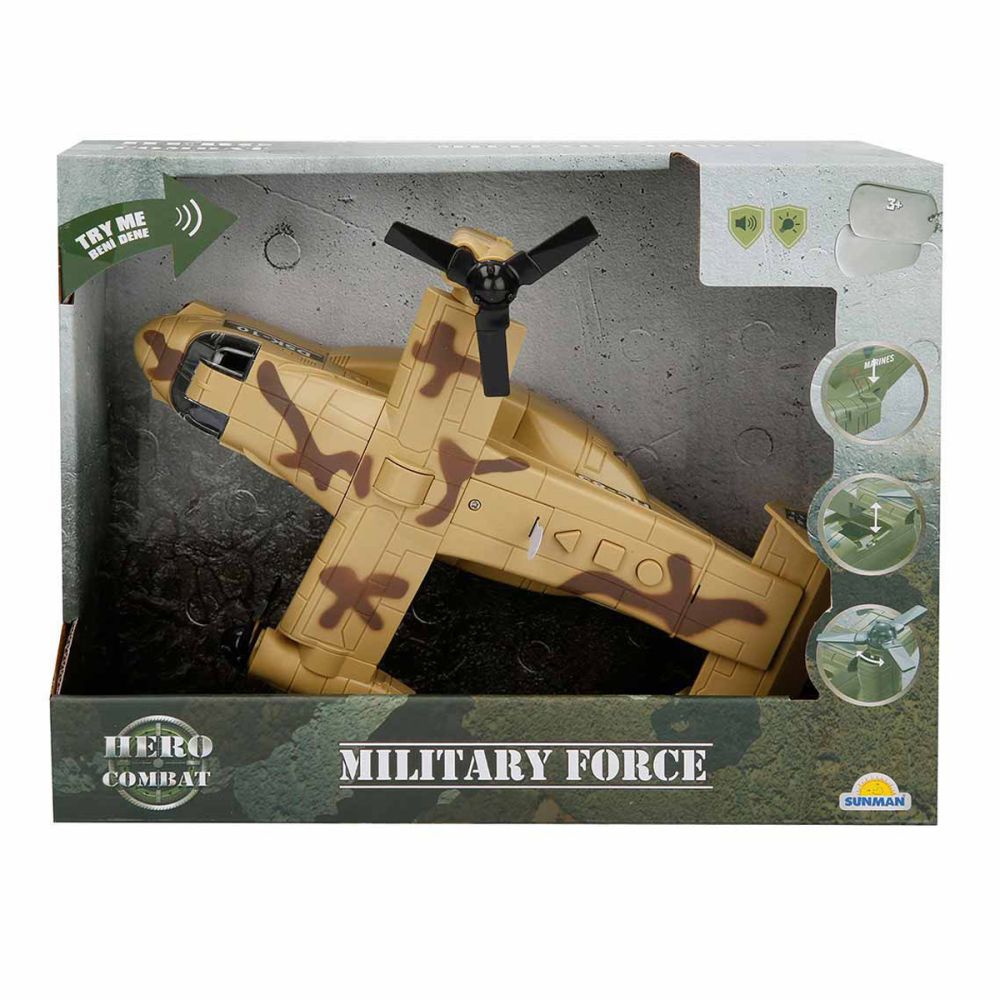 Военен самолет със светлини и звуци, Hero Combat, 28 см, Кафяв