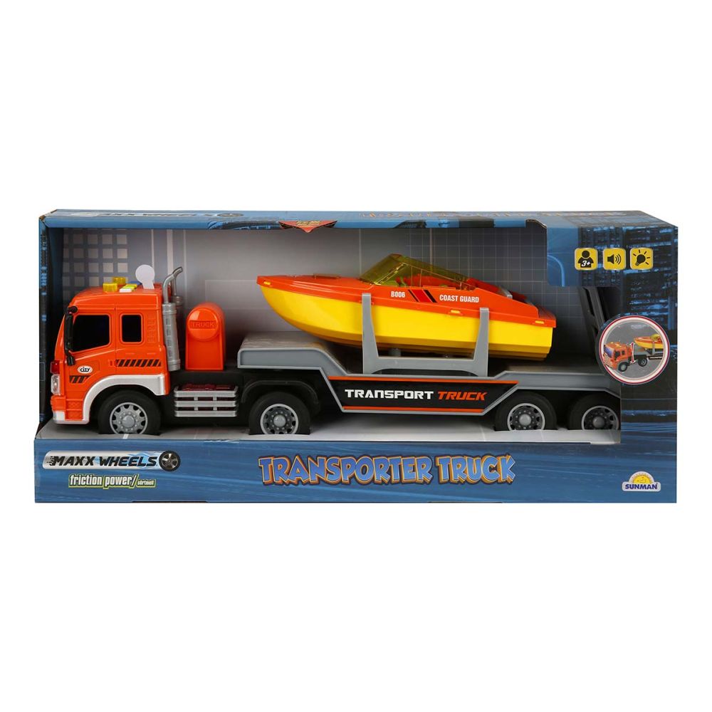 Товарен камион със светлини и звуци, Лодка, Maxx Wheels, 1:16, Оранжев