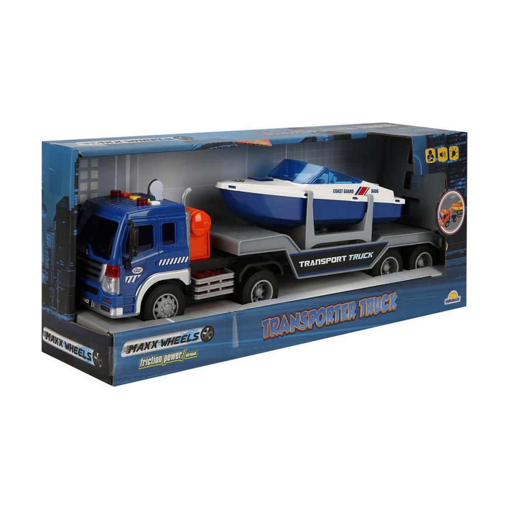 Товарен камион със светлини и звуци, Лодка, Maxx Wheels, 1:16, Син