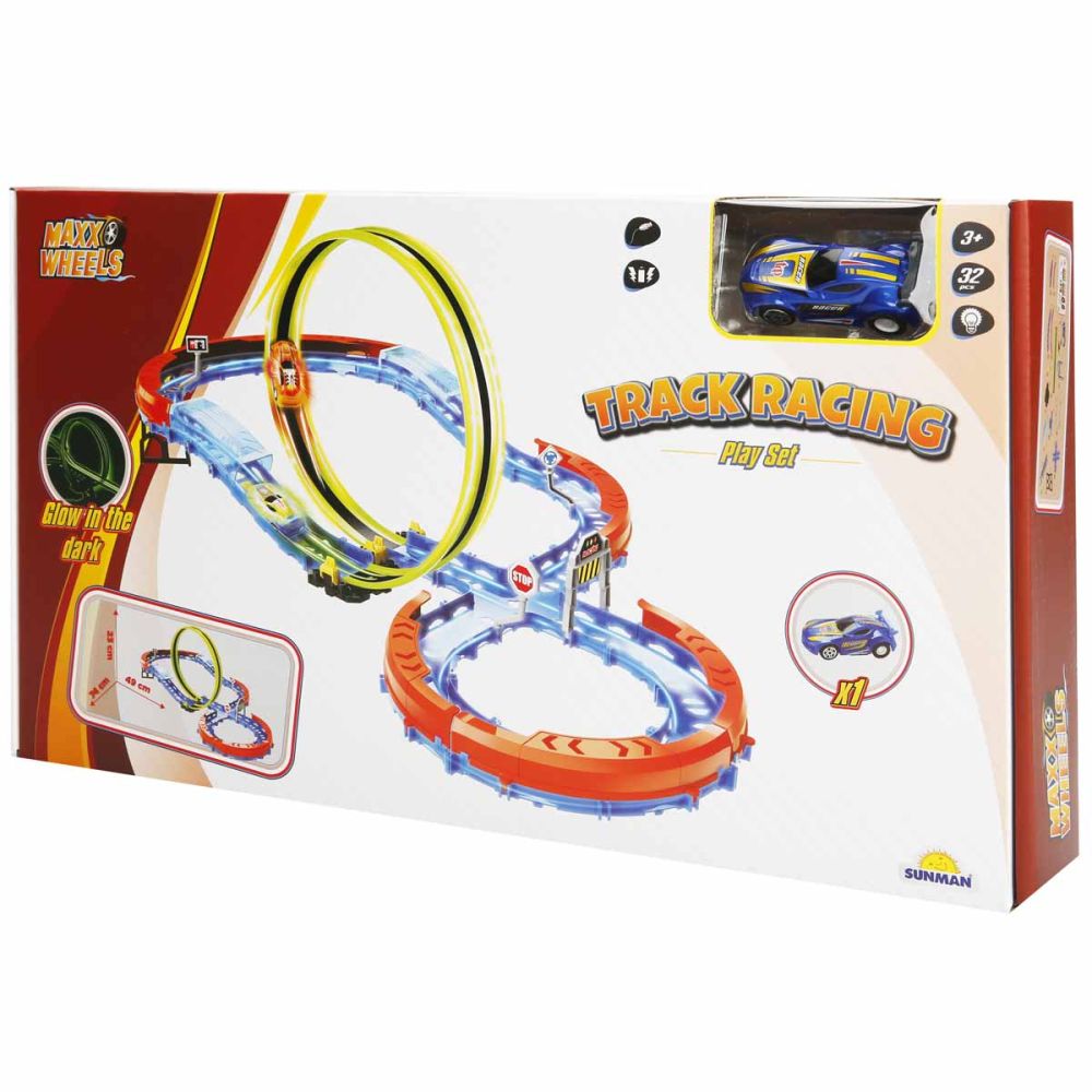 Комплект писта за изстрелване на количка, Maxx Wheels, Glow in the Dark