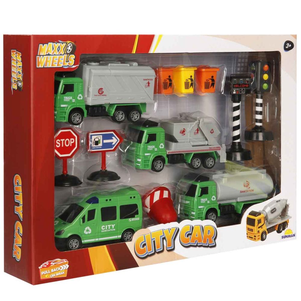 Комплект за игра с превозни средства, Maxx Wheels, City Sanitation, Зелен