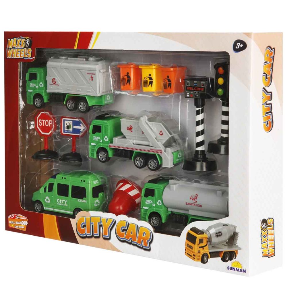 Комплект за игра с превозни средства, Maxx Wheels, City Sanitation, Зелен