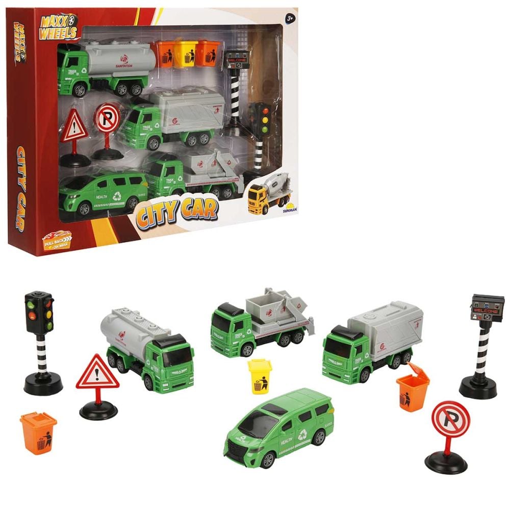 Комплект за игра с превозни средства, Maxx Wheels, City Sanitation, Зелен