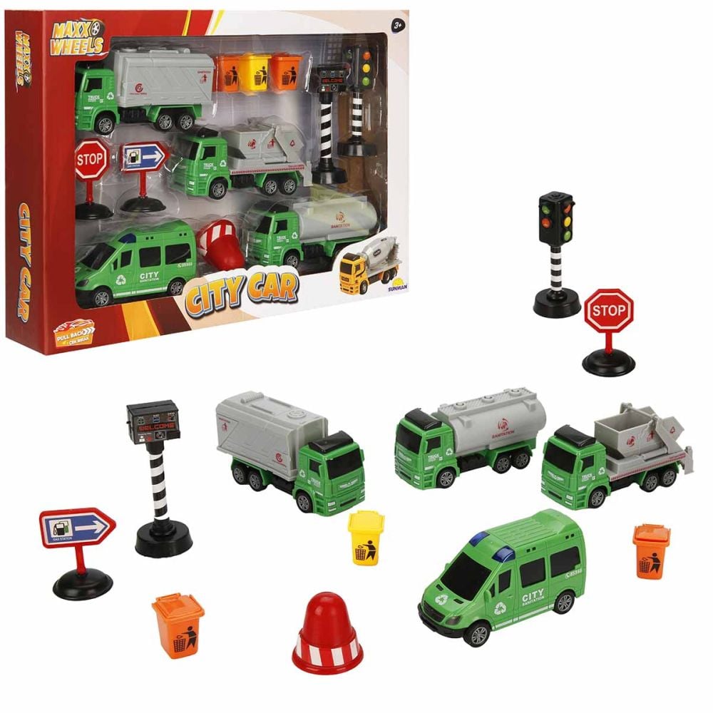 Комплект за игра с превозни средства, Maxx Wheels, City Sanitation, Зелен