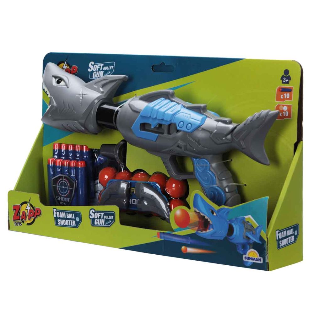 Играчка оръжие с 10 стрелички и топчета от дунапрен, Zapp Toys, Shark, Сива