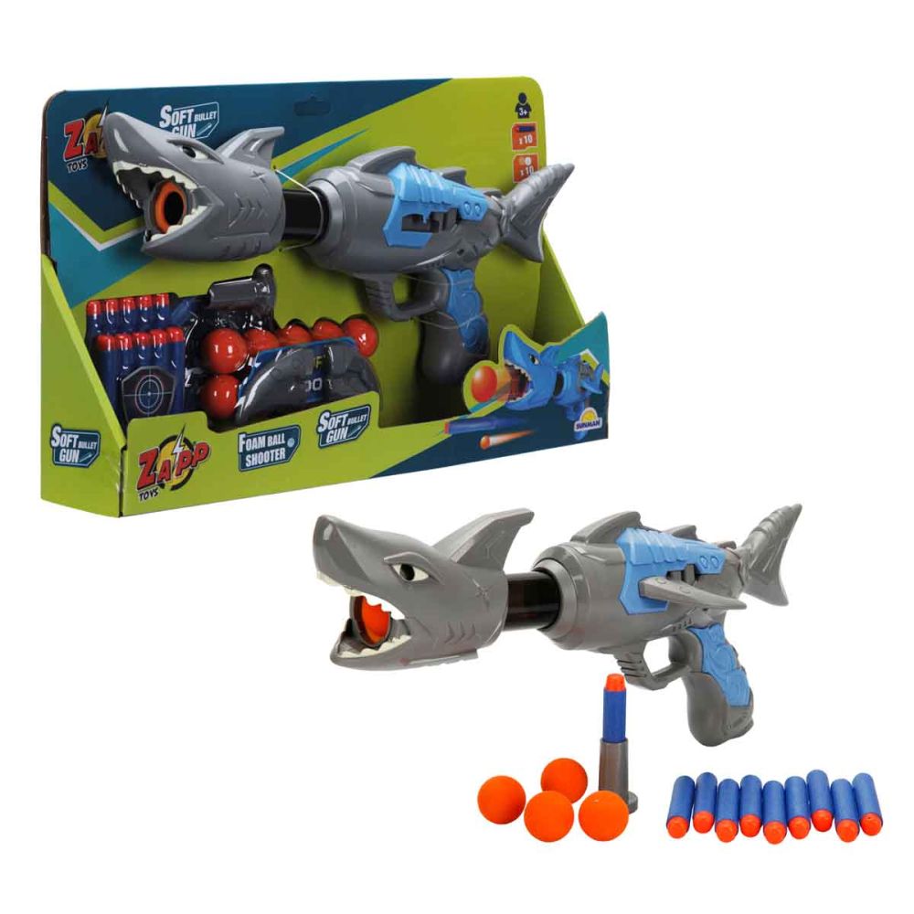 Играчка оръжие с 10 стрелички и топчета от дунапрен, Zapp Toys, Shark, Сива