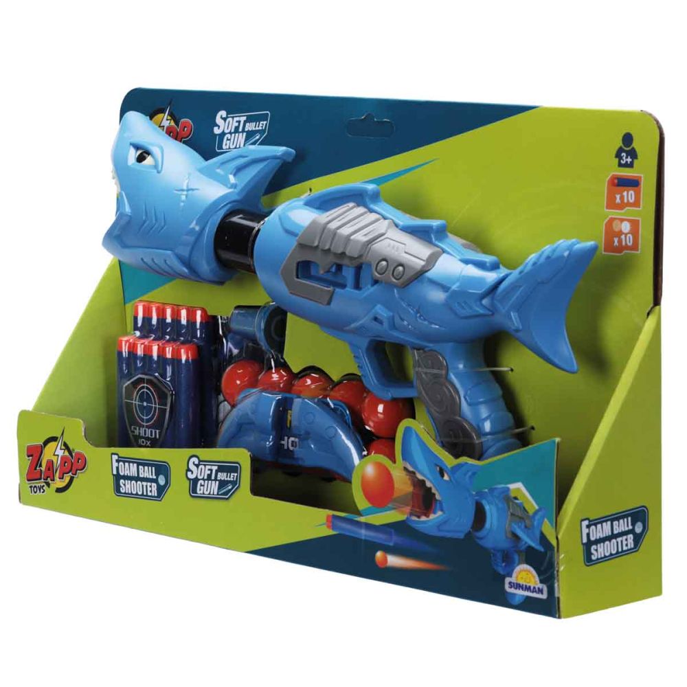 Играчка оръжие с 10 стрелички и топчета от дунапрен, Zapp Toys, Shark, Синя