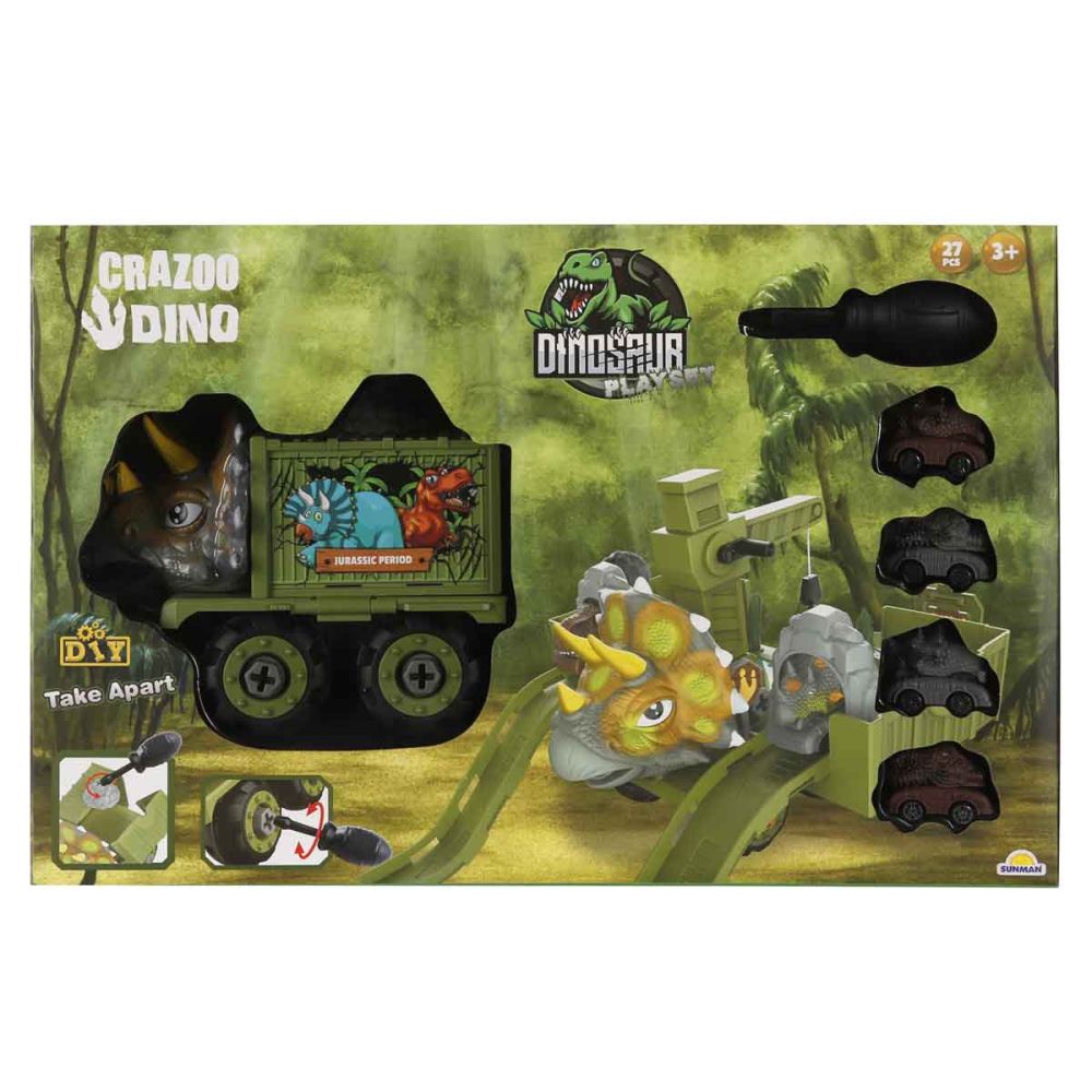 Комплект за игра с превозни средства, Crazoo Dino, 27 части
