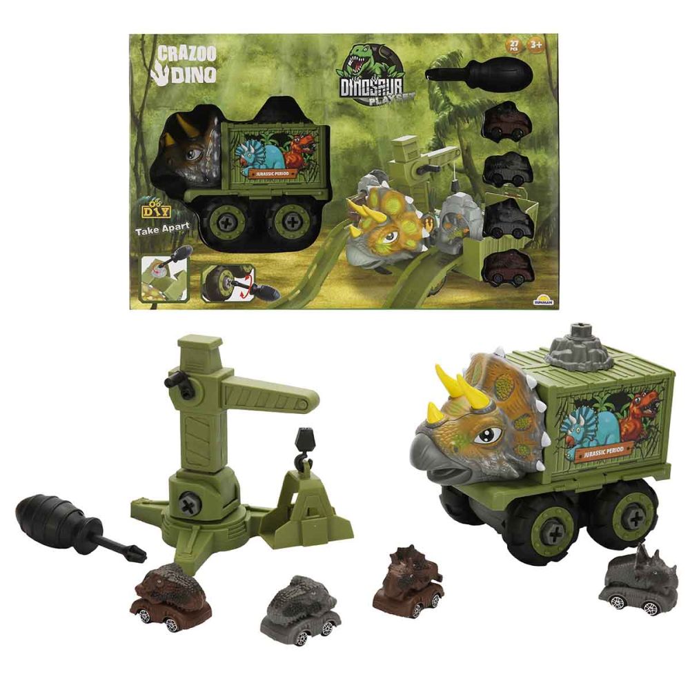 Комплект за игра с превозни средства, Crazoo Dino, 27 части