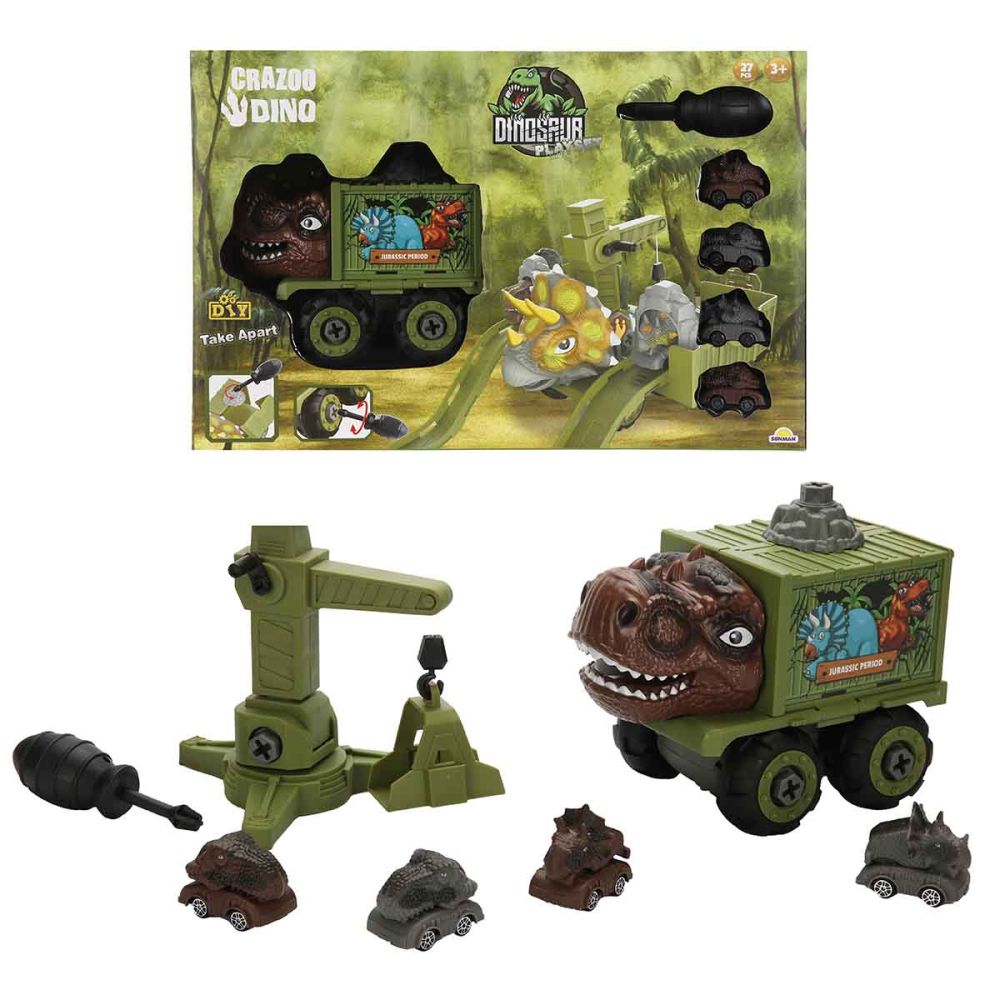 Комплект за игра с превозни средства, Crazoo Dino, 27 части
