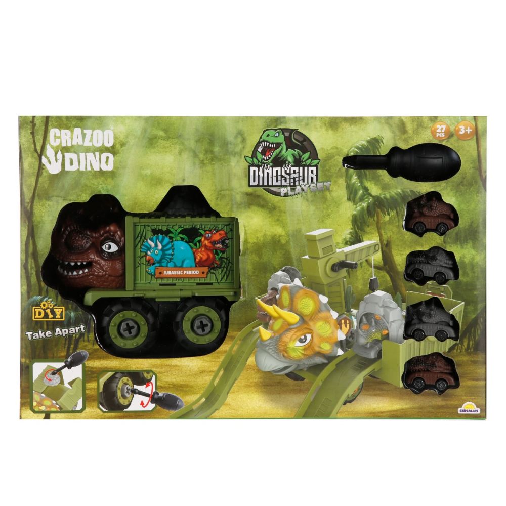 Комплект за игра с превозни средства, Crazoo Dino, 27 части