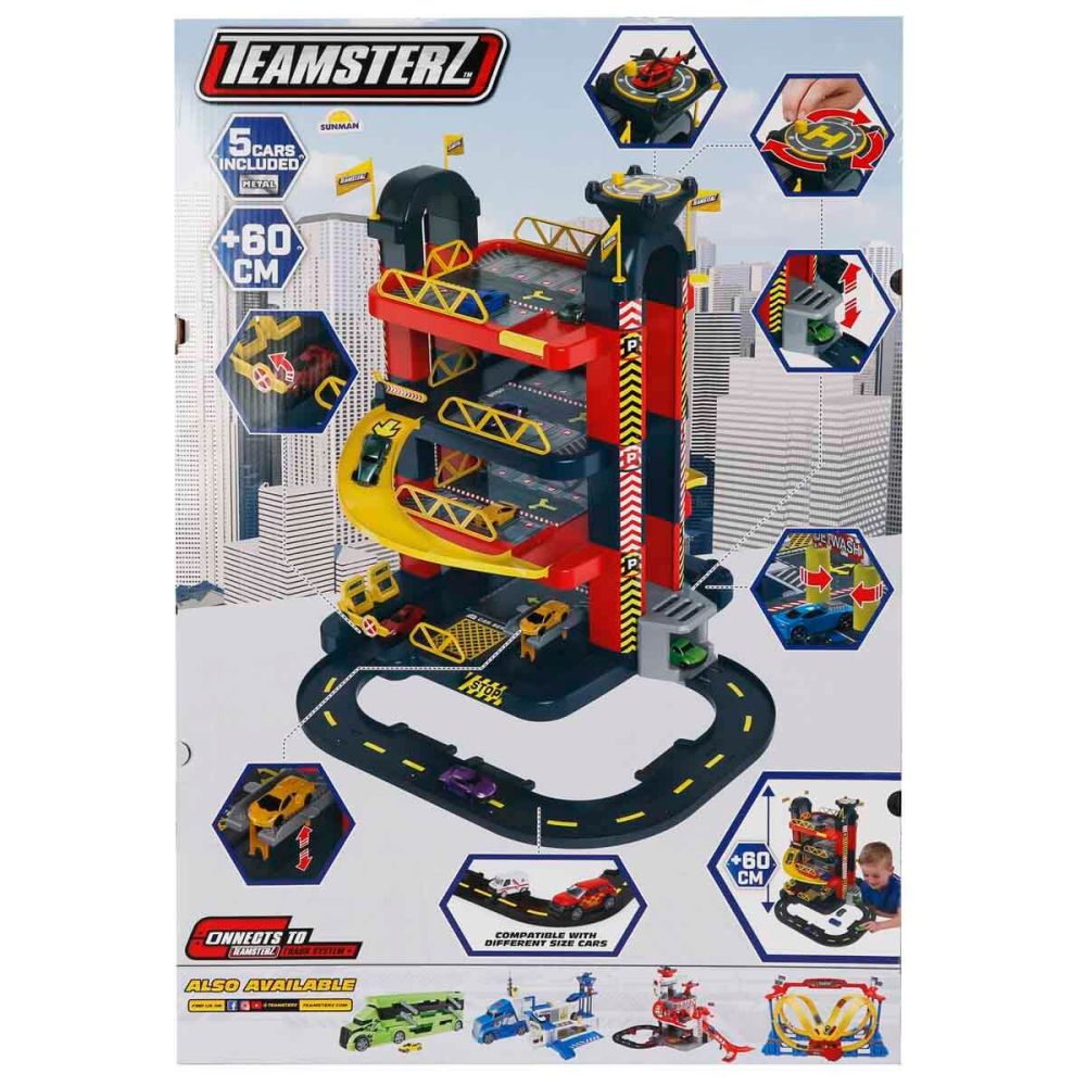 Комплект за игра Teamsterz, Гараж на 4 етажа с 5 колички, 60 см