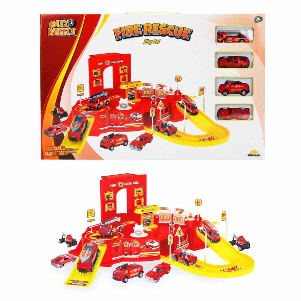 Комплект за игра с пожарна станция и 4 автомобила, Maxx Wheels