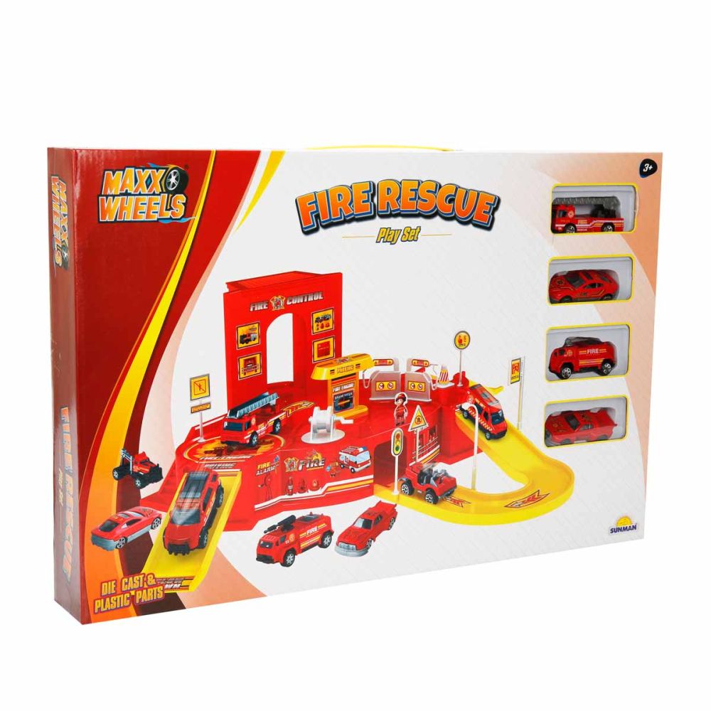 Комплект за игра с пожарна станция и 4 автомобила, Maxx Wheels