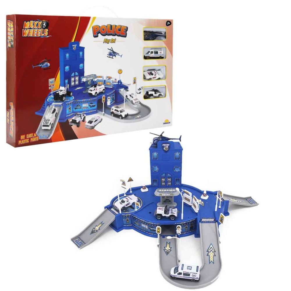 Комплект за игра с полицейски щаб и 4 колички, Maxx Wheels