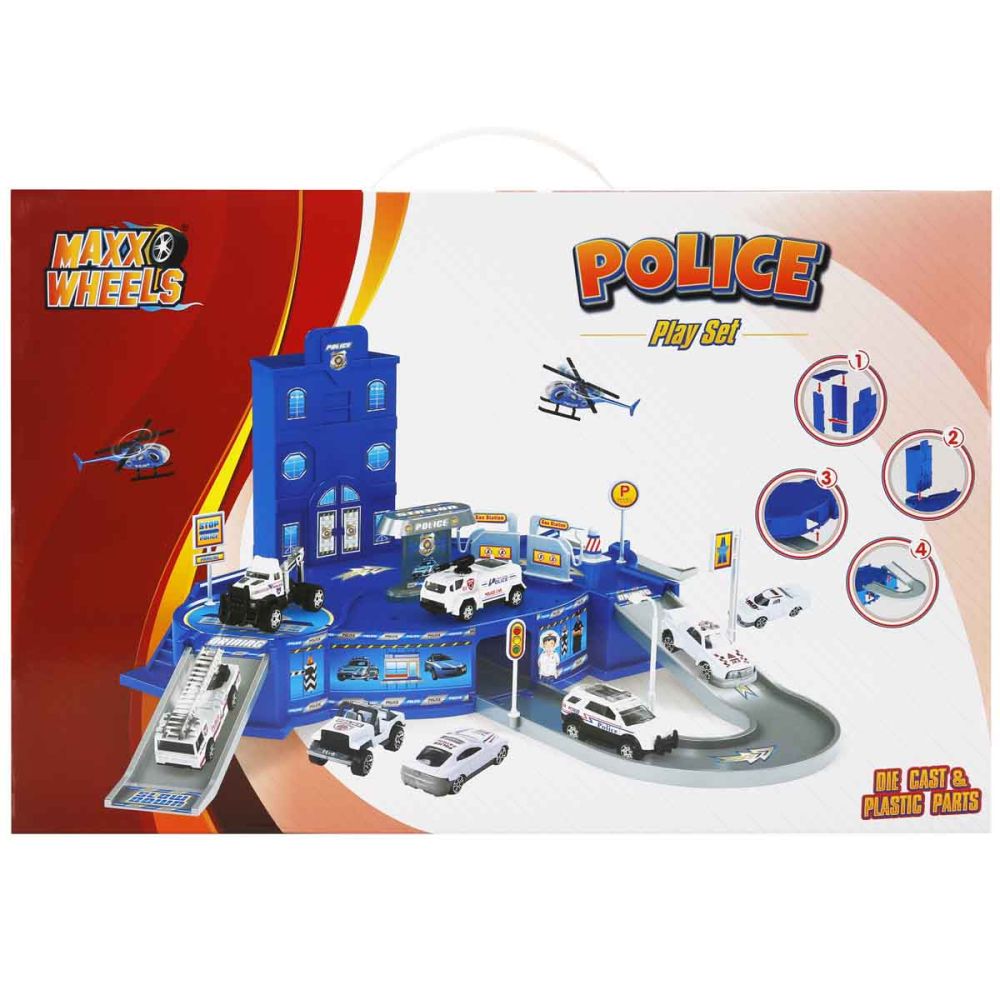 Комплект за игра с полицейски щаб и 4 колички, Maxx Wheels