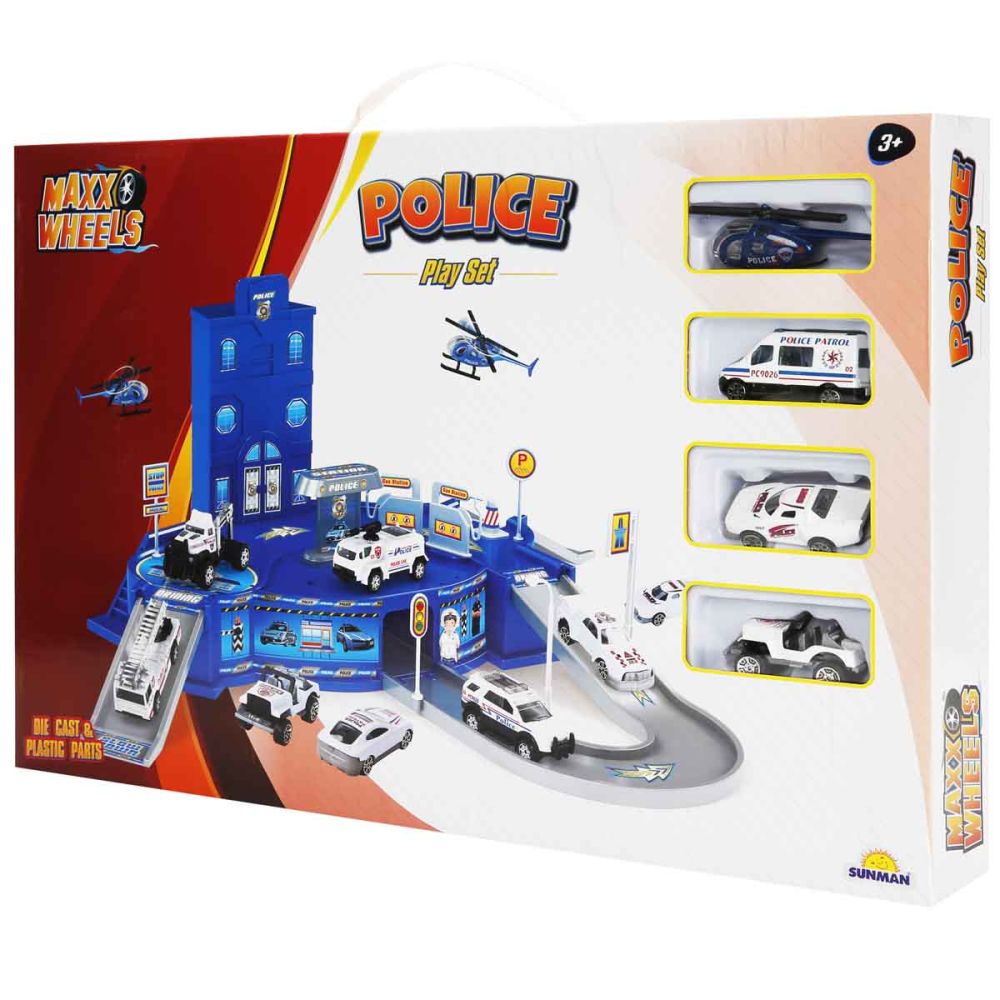 Комплект за игра с полицейски щаб и 4 колички, Maxx Wheels